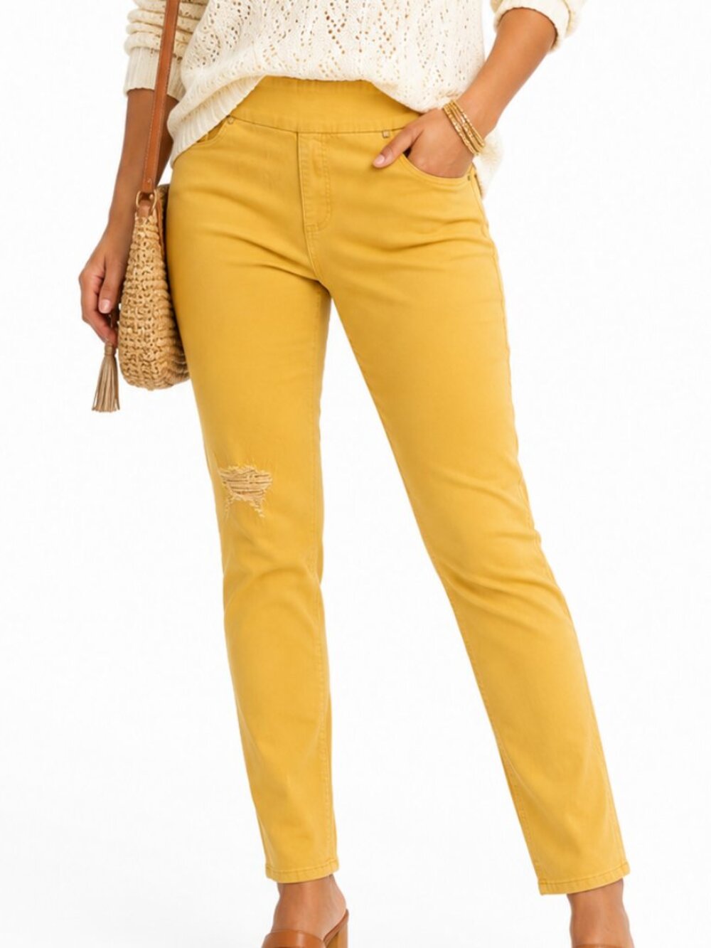 Fit Fabulous by Sharon Young Turmeric Pull-On Jeans Distressed Stretch Denim